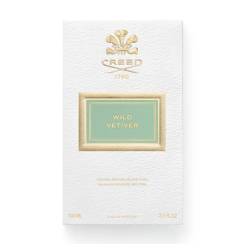empaque de perfume Creed Wild Vetiver, fragancia de lujo con sus ingrediente The House of Creed portada Statement