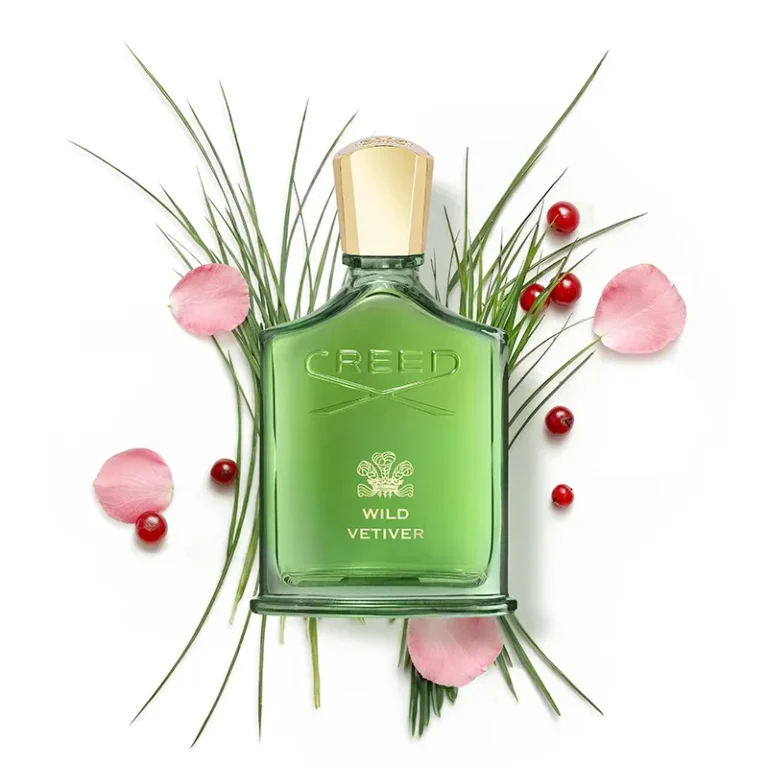 Frasco de perfume Creed Wild Vetiver, fragancia de lujo con sus ingredientes The House of Creed portada Statement